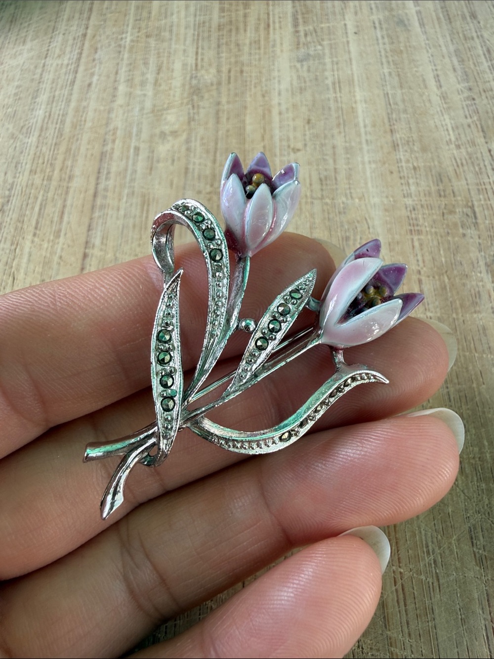 1960’s Pink Tulip Floral Brooch with Marcasite - Picture 2 of 4